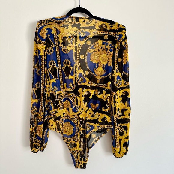 Vintage Sheer Baroque Patterned Deep V-Neck Padded Shoulder Bodysuit Blouse - Picture 2 of 8